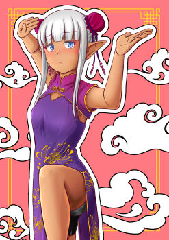 Rule 34 | 1girl, :<, absurdres, bike shorts, black shorts, blue eyes, blunt bangs, breasts, bun cover, china dress, chinese clothes, closed mouth, dark-skinned female, dark elf, dark skin, double bun, dress, elf, eyeliner, fighting stance, grey hair, hair bun, highres, karla (kono healer mendokusai), knee up, kono healer mendokusai, looking at viewer, makeup, official art, pink background, pointy ears, purple dress, red eyeliner, shorts, shorts under dress, small breasts, solo, tannen ni hakkou, tassel
