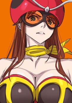 1girl antennae blue_eyes breasts brown_hair cleavage electro_wave_human_tackle helmet highres kamen_rider kamen_rider_stronger_(series) large_breasts long_hair looking_at_viewer mask okada_yuriko scarf simple_background solo standing suzutsuki_kurara toujima_tanzaburou_wa_kamen_rider_ni_naritai very_long_hair