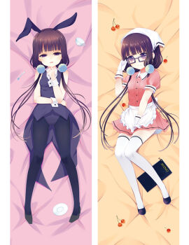 1girl animal_ears apron bed_sheet between_legs black-framed_eyewear black_footwear black_leotard black_pantyhose black_vest blend_s blunt_bangs brown_eyes brown_hair collared_shirt dakimakura_(medium) dress_shirt fake_animal_ears from_above full_body glasses gloves hair_over_shoulder half-closed_eyes hand_between_legs high_heels leotard long_hair looking_at_viewer low_twintails lying miniskirt moeanime on_back open_mouth pantyhose pink_shirt pink_skirt pleated_skirt pumps rabbit_ears rectangular_eyewear sakuranomiya_maika shirt short_sleeves skirt sleeveless sleeveless_shirt split_screen thighhighs twintails very_long_hair vest waist_apron white_apron white_gloves white_shirt white_thighhighs wing_collar wrist_cuffs