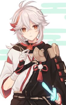 1boy antenna_hair armor asymmetrical_sleeves bandaged_hand bandages belt black_belt black_bow black_gloves black_scarf black_shirt bow commentary_request crossed_bangs egasumi fingerless_gloves genshin_impact gloves grey_hair hair_between_eyes hand_up highres holding holding_leaf japanese_clothes kaedehara_kazuha katana kuromame leaf long_hair long_sleeves looking_at_viewer low_ponytail male_focus maple_leaf multicolored_hair pom_pom_(clothes) ponytail red_eyes red_hair red_ribbon ribbon scarf shirt short_sleeves shoulder_armor sidelocks solo standing streaked_hair sword tassel teeth two-tone_shirt upper_body weapon white_background white_shirt wide_sleeves