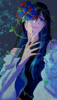 1girl ado_(utaite) bad_id bad_twitter_id black_hair black_shirt blue_eyes blue_hair blue_nails chando_(ado) colored_inner_hair cracked_skin flower flower_over_eye highres image_sample inward_(itwasleo) keeko_(kk_0012) long_hair long_sleeves multicolored_hair nail_polish open_mouth shirt signature sleeveless sleeveless_shirt solo thorns twitter_sample upper_body utaite