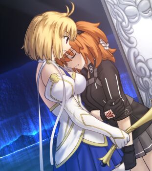 2girls ahoge arcueid_brunestud bare_shoulders black_gloves black_shirt blonde_hair blue_skirt breasts choker cleavage closed_eyes command_spell commentary_request crescent crescent_pin detached_sleeves fate/grand_order fate_(series) from_side fujimaru_ritsuka_(female) fujimaru_ritsuka_(female)_(polar_chaldea_uniform) gloves gold_trim grey_skirt hair_intakes hair_ornament hair_scrunchie hand_on_own_arm highres kaleidostick large_breasts leaning_on_person looking_at_another magical_girl miniskirt multiple_girls orange_hair phantas-moon phantasm_rod pleated_skirt red_eyes scrunchie shirt shoori_(migiha) short_hair skirt wand