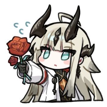 Rule 34 | ahoge, aqua eyes, arknights, black gloves, blush stickers, chibi, chibi only, cropped torso, dragon girl, dragon horns, flower, flying sweatdrops, gloves, holding, holding flower, horns, long hair, lowres, multiple horns, no pupils, ppxdq, red flower, red rose, reed (arknights), rose, simple background, white background