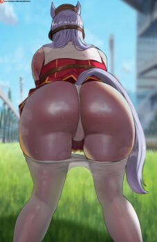 1girl animal_ears ass blue_sky blurry blurry_background brown_hat clothes_pull day from_behind gold_ship_(umamusume) grass hat highres horse_ears horse_girl horse_tail huge_ass long_hair oroborus outdoors panties pantyhose pantyhose_pull patreon_logo patreon_username sky solo standing tail umamusume underwear white_hair white_panties white_pantyhose