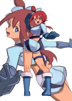 1girl ass blue_eyes boots breasts crop_top dark-skinned_female dark_skin from_behind gloves happy large_breasts long_hair long_sleeves looking_at_viewer nintendo pokemon pokemon_bw red_hair shorts skyla_(pokemon) teeth tikuwabu_33 upper_teeth_only white_background