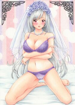 Rule 34 | 1girl, absurdres, arms under breasts, barefoot, blush, border, bow, bow bra, bow panties, bra, breasts, bridal veil, collarbone, commentary request, crotch seam, flower, full body, grey hair, hair flower, hair ornament, highres, jewelry, kneeling, large breasts, lingerie, long hair, looking at viewer, marker (medium), midori (mira567), navel, necklace, on bed, open mouth, original, ornate border, panties, parted bangs, pearl necklace, purple bra, purple flower, purple panties, purple rose, red eyes, rose, solo, stomach, straight-on, straight hair, strap slip, striped background, swept bangs, traditional media, underwear, underwear only, veil, vertical-striped background, very long hair, white veil