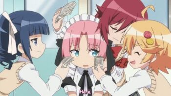 10s 18-kin 1boy 3girls ahoge albertina_the_2nd animated animated_gif arikawa_hime crossdressing himegoto lowres maid money multiple_girls pink_hair sadako_(himegoto) short_hair subtitled tagme trap