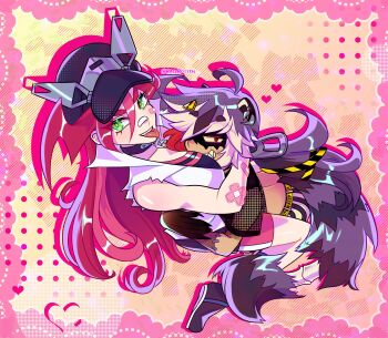 Rule 34 | 2girls, absurdres, animal ears, bandaid, bandaid on cheek, bandaid on face, bandaid on nose, black hat, black shoes, breasts, caution tape, choker, claws, commentary, denim, english commentary, exposed bone, green eyes, green pupils, grey hair, grin, hair between eyes, hat, heart, highres, hug, indie virtual youtuber, jacket, jeans, long hair, multicolored hair, multiple girls, open mouth, pants, purple choker, purple shirt, raccoon ears, raccoon girl, raccoon tail, raelrotten, raelrotten (artist), red eyes, red hair, road sign hair ornament, rummy, rummy &amp; coqui, sharp teeth, shirt, shoes, short sleeves, sleeveless, sleeveless jacket, smile, stitched arm, stitches, tail, teeth, tongue, tongue out, torn clothes, torn jeans, torn pants, twitter username, two-tone hair, two-tone skirt, upper teeth only, virtual youtuber, white hair, white jacket, yuri