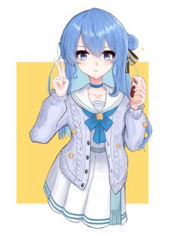 1girl bendy_straw blue_bow blue_choker blue_eyes blue_hair bow cardigan choker closed_mouth collarbone commentary_request drinking_straw fong_(fongthe0125) grey_cardigan hair_between_eyes hair_bun hands_up highres holding hololive hoshimachi_suisei hoshimachi_suisei_(sailor) long_hair long_sleeves looking_at_viewer official_alternate_costume open_cardigan open_clothes pleated_skirt puffy_long_sleeves puffy_sleeves sailor_collar school_uniform serafuku shirt single_side_bun skirt solo tongue tongue_out two-tone_background v very_long_hair virtual_youtuber white_background white_sailor_collar white_serafuku white_shirt white_skirt yellow_background