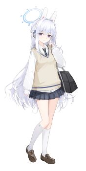 1girl absurdres alternate_costume animal_ear_hairband animal_ears bag black_bag black_necktie blue_archive blue_halo brown_shoes closed_mouth collared_shirt commentary diagonal-striped_clothes diagonal-striped_necktie fake_animal_ears grey_skirt hair_between_eyes hairband halo highres holding holding_bag kneehighs long_hair long_sleeves looking_at_viewer miyako_(blue_archive) nammmmer necktie pleated_skirt purple_eyes rabbit_ear_hairband rabbit_ears shirt shoes skirt smile socks solo striped_clothes sweater_vest white_hairband white_shirt white_socks yellow_sweater_vest