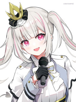 1girl absurdres arata_ryou arm_up artist_name asumi_sena black_gloves commentary_request crown fang gloves grey_hair highres holding holding_microphone jacket long_hair long_sleeves looking_at_viewer microphone mini_crown multicolored_hair open_mouth pink_eyes pink_streaks shirt sidelocks simple_background skin_fang smile solo streaked_hair twintails virtual_youtuber vspo! white_background white_jacket white_shirt