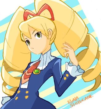1girl blonde_hair blue_dress bow character_name dress drill_hair fsz_r1 green_eyes hair_bow long_hair luna_platz_(mega_man) mega_man_(series) mega_man_star_force_(series) red_bow school_uniform striped_background twin_drills very_long_hair