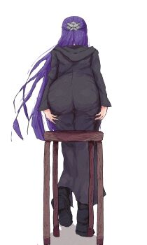 1girl ass black_dress black_robe black_shoes commentary_request dress fern_(sousou_no_frieren) from_behind highres kaneko_ryou long_hair purple_hair robe shoes simple_background solo sousou_no_frieren standing stool very_long_hair white_background