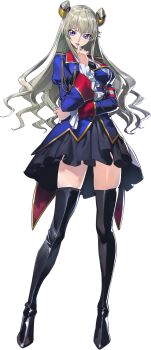 1girl armband black_necktie blonde_hair blue_eyes breasts clothes_lift code_geass code_geass:_boukoku_no_akito code_geass:_genesic_re;code cone_hair_bun double_bun hair_bun highres leila_malcal long_hair looking_at_viewer medium_breasts military_uniform necktie official_art red_armband simple_background skirt skirt_lift sleeves_past_wrists smile solo thighhighs transparent_background upper_body zettai_ryouiki