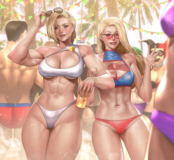 2girls adapted_costume adjusting_eyewear batman_(series) biceps bikini blonde_hair blurry blurry_background breasts cleavage_cutout clothing_cutout dc_comics domino_mask eye_mask eyewear_on_head harley_quinn harley_quinn_(classic) hibren highleg highleg_bikini large_breasts long_hair male_swimwear mask multicolored_bikini multiple_girls muscular muscular_female muscular_male navel palm_tree power_girl short_hair smile sunglasses supergirl superman superman_(series) swim_briefs swimsuit the_joker toned toned_female tree two-tone_bikini veins veiny_arms veiny_breasts y