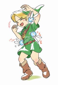 Rule 34 | 1boy, arms up, belt, blonde hair, blush, boots, brown belt, brown boots, closed eyes, commentary request, full body, green hat, green tunic, hat, knee boots, laughing, leg up, link, male focus, mihama66, navi, nintendo, open mouth, pointy ears, short hair, shoulder belt, solo focus, the legend of zelda, the legend of zelda: ocarina of time, tickling, translation request, tunic, watermark, white background, young link