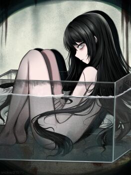 Rule 34 | 1girl, black hair, completely nude, fish tank, full body, grey eyes, highres, kawakami tomie, long hair, looking at viewer, mole, mole under eye, moss, nude, on liquid, pale skin, solo, tomie, vickie (cryingrobot), water