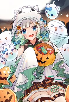 &gt;_&lt; 1girl :d black_skirt blue_eyes blush braid character_hood commentary fang ghost_costume gradient_hair green_hair hair_ornament hairclip hakamii halloween halloween_bucket halloween_costume highres indie_virtual_youtuber jack-o&#039;-lantern jack-o&#039;-lantern_hair_ornament looking_at_viewer low_twin_braids medium_hair mint_fantome multicolored_hair open_mouth skirt sleeves_past_fingers sleeves_past_wrists smile solo striped_clothes striped_skirt swept_bangs symbol-only_commentary thighhighs twin_braids vertical-striped_clothes vertical-striped_skirt virtual_youtuber wavy_hair white_hair white_thighhighs wisps_(mint_fantome) x_hair_ornament