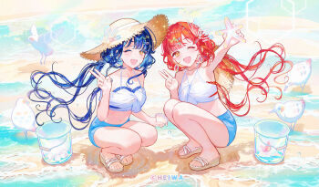 2girls beach bikini blue_hair blue_shorts breasts bucket butterfly_hair_ornament clam_digging commentary_request copyright_notice earrings hair_ornament halterneck hamaru_log haruluna hat highres jewelry kirishima_haru kirishima_luna lace lace-trimmed_bikini lace_trim long_hair looking_at_viewer medium_breasts multiple_girls navel one_eye_closed open_mouth red_hair sandals short_shorts shorts signature smile squatting starfish straw_hat swimsuit twintails v very_long_hair white_bikini yellow_eyes