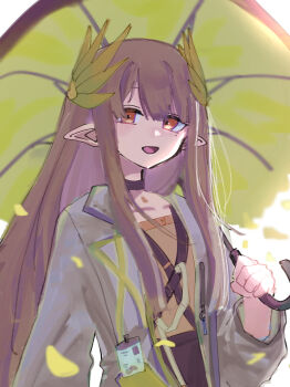 1girl absurdres arknights black_choker blush brown_hair choker coffee_toranpu collarbone commentary cowboy_shot highres holding holding_umbrella id_card lab_coat light_particles long_hair long_sleeves looking_at_viewer mole mole_under_eye muelsyse_(arknights) open_mouth orange_eyes pointy_ears sidelocks smile solo standing straight_hair umbrella upper_body