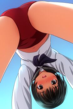 Rule 34 | 1girl, absurdres, all fours, ass, bent over, black hair, black neckerchief, blush, brown eyes, buruma, commentary request, highres, long sleeves, looking at viewer, looking through own legs, matsunaga kouyou, navel, neckerchief, open mouth, original, red buruma, school uniform, serafuku, shirt, short hair, sky, smile, solo, teeth, white shirt