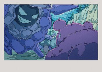 Rule 34 | animal focus, cloyster, evolutionary line, gen 1 pokemon, grin, highres, horns, nintendo, no humans, onamuzi illust, panicking, pokemon, pokemon (creature), pokemon focus, shellder, single horn, slowpoke, smile, sweat, sweatdrop, teeth, tongue, tongue out, underwater, water