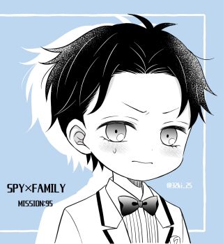 Rule 34 | 1boy, 32ki 25, antenna hair, blue background, bow, bowtie, commentary request, copyright name, damian desmond, greyscale with colored background, highres, jacket, male focus, solo, spy x family, sweatdrop, traditional bowtie, tuxedo, tuxedo shirt, twintails