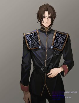 Rule 34 | 1boy, black jacket, black pants, blue eyes, brown hair, closed mouth, cowboy shot, epaulettes, final fantasy, final fantasy viii, gold trim, grey background, highres, jacket, male focus, military uniform, nini tw99, official alternate costume, pants, parted bangs, scar, scar on face, scar on forehead, school uniform, seed uniform (ff8), short hair, solo, squall leonhart, twitter username