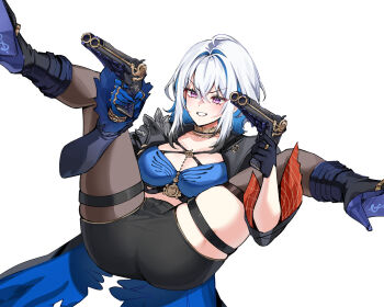 Rule 34 | 1girl, ass, black jacket, black shorts, blue bra, blue hands, bra, filthy frank, foxyreine, galbrena (wuthering waves), gold choker, gun, highres, holding, holding gun, holding weapon, jacket, meme, pantyhose, shorts, simple background, single leg pantyhose, smile, solo, underwear, very long fingernails, weapon, white background, wuthering waves