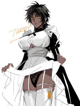 Rule 34 | 1girl, apron, arknights, black dress, black hair, black panties, breasts, character name, chinese commentary, cleavage, clothes lift, clothing cutout, commentary request, cowboy shot, dark-skinned female, dark skin, dress, dress lift, earrings, genderswap, genderswap (mtf), jewelry, juliet sleeves, large breasts, legwear garter, lifting own clothes, long sleeves, looking at viewer, maid, orange eyes, panties, puffy sleeves, shirt, short hair, sketch, solo, thighhighs, thorns (arknights), underboob cutout, underwear, very dark skin, white apron, white background, white shirt, white thighhighs, yantou hstone