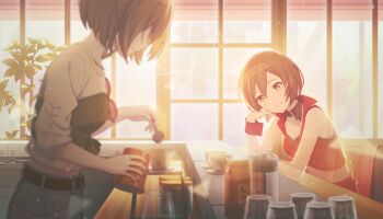 2girls belt black_belt blue_pants breasts brown_eyes brown_hair cleavage closed_mouth colorful_palette cropped_jacket cup dual_persona fingernails game_cg hair_between_eyes highres holding jacket kimi_to_sekai_no_hajimari_de_(project_sekai) large_breasts looking_at_viewer meiko_(vocaloid) multiple_girls nail_polish official_art pants plant project_sekai red-framed_eyewear red_jacket red_nails red_wrist_cuffs saucer shirt short_hair sitting smile sunglasses third-party_source triangle unworn_eyewear vivid_bad_squad_meiko vocaloid white_shirt wrist_cuffs