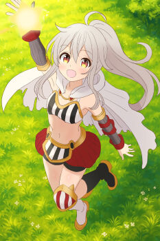 1girl armor grass highres long_hair red_eyes red_skirt skirt star white_hair