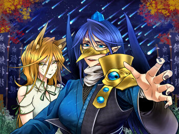 2girls animal_ear_fluff animal_ears autumn autumn_leaves banner beak_mask blonde_hair blue_eyes blue_hair blue_hat blue_kimono blue_sky breasts closed_mouth eyeshadow fox_ears fox_girl green_eyeshadow green_ribbon hair_between_eyes hat highres iizunamaru_megumu japanese_clothes kimono kudamaki_tsukasa large_breasts leaf long_bangs long_hair looking_at_viewer makeup multiple_girls neck_ribbon night open_mouth outdoors reaching reaching_towards_viewer ribbon ryuuichi_(f_dragon) shirt shooting_star sky sleeve_ribbon smile star_(sky) starry_sky tokin_hat touhou white_shirt yellow_eyes