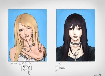 >_o 2girls :p animal_print artist_name black_camisole black_eyes black_jacket blazer bleeehrghw blonde_hair blue_background blue_eyes border bra bra_peek breasts camisole character_name chibi chibi_inset cleavage closed_mouth commentary cross cross_necklace crystal_necklace drawn_heart earrings english_commentary eyelashes face_piercing facial_mark fake_photograph fingernails genderswap genderswap_(mtf) grey_bra hair_over_breasts highres hoop_earrings ibispaint_(medium) jacket jewelry lace-trimmed_camisole lace_trim leopard_print lip_piercing long_fingernails long_hair looking_at_viewer multiple_girls nail_art nail_ornament naruko_(naruto) naruto_(series) necklace nose_piercing one_eye_closed open_clothes open_jacket piercing portrait raised_eyebrow ring sketch_inset spiked_bangs straight_hair studded_choker swept_bangs tongue tongue_out uchiha_sasuke underwear v whisker_markings white_border white_camisole y2k_fashion