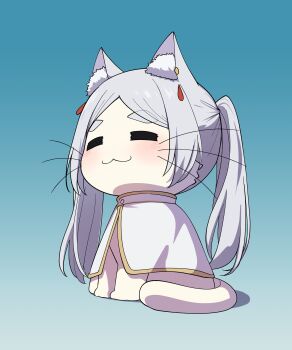 :3 absurdres animal animal_with_hair animalization capelet cat closed_eyes clothed_animal commentary frieren full_body highres j_humbo long_hair no_humans sitting smile solo sousou_no_frieren symbol-only_commentary upward_angle_frieren_drawing white_capelet