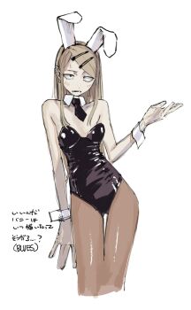 Rule 34 | 1girl, animal ears, black bow, black bowtie, black leotard, black pantyhose, blonde hair, bow, bowtie, collarbone, dagashi kashi, detached collar, endou saya, fake animal ears, hair ornament, hairclip, highres, kotoyama, leotard, long hair, looking at viewer, pantyhose, playboy bunny, rabbit ears, simple background, solo, strapless, strapless leotard, translation request, white background, white wrist cuffs, wrist cuffs