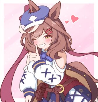 1girl animal_ears belt_bag blue_bow blue_hat blush bow breasts brown_hair clothing_cutout commentary_request corset ears_through_headwear hair_ornament hairclip hat heart highres horse_ears horse_girl horse_tail looking_at_viewer matikanetannhauser_(panpaka_tiltott)_(umamusume) matikanetannhauser_(umamusume) medium_hair multicolored_hair newsboy_cap one_eye_closed open_mouth red_corset shirt shoulder_cutout skirt smile solo streaked_hair tail tilted_headwear tsurara1207 umamusume white_shirt yellow_eyes