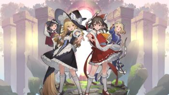 4girls ascot black_bow black_capelet black_hat black_shoes black_skirt blonde_hair blue_shoes bow bowtie braid broom brown_eyes brown_hair brown_shoes capelet center_frills collared_shirt curiosities_of_lotus_asia detached_sleeves diagonal-striped_bow dress dress_shirt frilled_hair_tubes frilled_shirt_collar frilled_skirt frills full_body game_cg gohei green_bow hair_bow hair_tubes hakurei_reimu hand_on_own_hat hat hat_bow high_heels highres holding holding_broom holding_gohei kirisame_marisa kneehighs labyrinth_of_touhou_(series) labyrinth_of_touhou_tri loafers long_hair long_sleeves maribel_hearn mary_janes medium_hair mob_cap moss multiple_girls neck_ribbon non-web_source official_art open_mouth pillar puffy_short_sleeves puffy_sleeves purple_dress reaching red_bow red_bowtie red_capelet red_eyes red_shirt red_shoes red_skirt ribbon ribbon-trimmed_skirt ribbon-trimmed_sleeves ribbon_trim shirt shoes short_sleeves side_braid skirt skirt_set sleeveless sleeveless_shirt smile socks standing striped_bow teeth touhou tree two-sided_capelet upper_teeth_only usami_renko very_long_hair white_bow white_hat white_shirt white_socks witch_hat wrist_cuffs yellow_ascot yellow_eyes