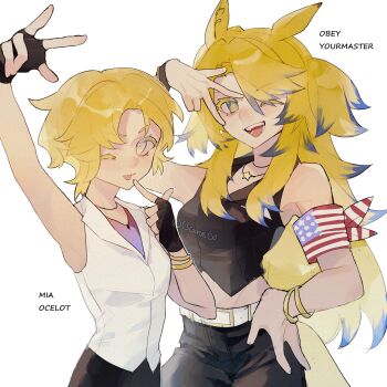 ;d ;p american_flag american_flag_print animal_ears arm_up armband artist_name belt black_gloves black_pants black_shirt blonde_hair blue_eyes blue_hair bracelet character_name collared_shirt cropped_shirt crossover cscarus finger_to_mouth fingerless_gloves flag_print gloves grey_eyes hand_on_own_hip highres horse_ears horse_girl horse_tail jewelry medalist_(manga) mia_ocelot midriff multicolored_hair necklace obey_your_master_(umamusume) one_eye_closed open_mouth pants shirt short_hair signature simple_background sleeveless sleeveless_shirt smile star-shaped_pupils star_(symbol) symbol-shaped_pupils tail tongue tongue_out two-tone_hair two_side_up umamusume umamusume:_cinderella_gray v v_over_eye white_background white_belt white_shirt