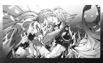 Rule 34 | 2boys, absurdres, antenna hair, arm tattoo, armlet, black choker, black gloves, black shirt, braid, chest tattoo, chinese commentary, choker, clawed gauntlets, closed eyes, coat, commentary request, facial tattoo, fingerless gloves, from side, gloves, greyscale, heimdallr57543, highres, honkai: star rail, honkai (series), jewelry, kiss, male focus, medium hair, monochrome, multiple boys, mydei (honkai: star rail), phainon (honkai: star rail), profile, shirt, short hair, side braid, single glove, tattoo, tears, topless male, white coat, yaoi