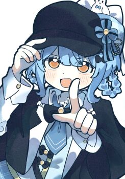 Rule 34 | 0rengzi, 1girl, :d, black capelet, black hat, blue hair, blue necktie, blunt bangs, braid, braided hair rings, capelet, commentary request, deerstalker, detective, hair rings, hand on headwear, hands up, hat, highres, index finger raised, long sleeves, looking at viewer, mahou shoujo no majo saiban, necktie, open mouth, pointing, pointing at viewer, short hair, simple background, smile, solo, tachibana sherry, upper body, white background, yellow eyes