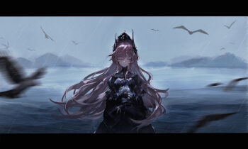 1girl absurdres arknights bird black_dress bouquet closed_eyes closed_mouth dress flower h4nam1 hair_between_eyes highres holding holding_bouquet horns letterboxed long_hair long_sleeves ocean pink_hair rain solo theresa_(arknights)