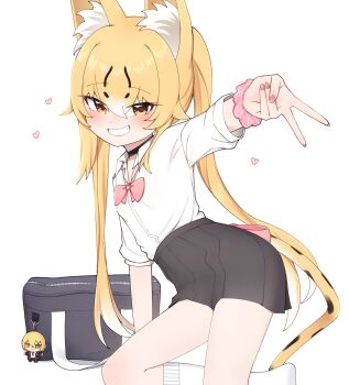 1girl animal_ear_fluff animal_ears bag black_choker blonde_hair blush bow bowtie charm_(object) choker grey_skirt hair_between_eyes hair_tattoo heart highres kenken_(keuken) long_hair long_sleeves looking_at_viewer multicolored_hair original pink_bow pink_bowtie pink_nails pink_scrunchie pleated_skirt school_uniform scrunchie serika_(kenken) shirt skirt socks solo spotted_tail tail tail_bow tail_ornament twintails v white_background white_hair white_shirt white_socks wrist_scrunchie yellow_eyes