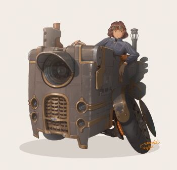 1girl blue_eyes brown_eyes brown_hair gaimoon goggles goggles_on_head highres long_sleeves machine original shadow short_hair signature simple_background smile solo wheel white_background