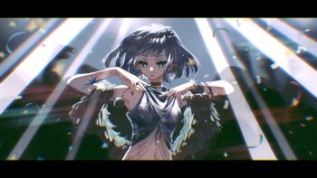 1girl :o absurdres arm_tattoo backlighting bare_arms bare_shoulders blue_eyes blurry blurry_background bracelet chilizi chromatic_aberration confetti feather_boa gold_choker grey_hair grey_tank_top hair_ornament hands_up highres jewelry letterboxed looking_at_viewer mercuria_(reverse:1999) midriff navel people reverse:1999 short_hair solo spotlight star_(symbol) star_hair_ornament tank_top tattoo upper_body