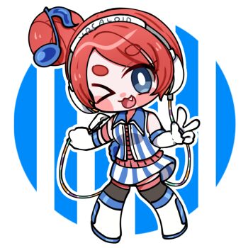 &gt;_o 1girl :3 akikoloid-chan arm_strap blue_eyes blush_stickers boots chibi chibi_only collared_shirt commentary_request fang fortissimo full_body gloves hair_bun hair_ornament headphones looking_at_viewer musical_note musical_note_hair_ornament one_eye_closed open_mouth red_hair shirt single_side_bun skirt sleeveless sleeveless_shirt smile solo striped_clothes striped_shirt striped_skirt thick_eyebrows thighhighs togase_ameko vocaloid w