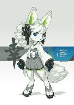 1girl absurdres animal_ears bike_shorts blue_eyes blue_nails blue_tongue chest_tuft chinese_commentary chinese_text colored_tongue commentary english_commentary eyeliner flat_chest flower_knot fluffy_hair fox fox_ears fox_girl fox_tail furry furry_female geta green_eyeliner grey_fur grey_hair hakama hakama_short_skirt hakama_skirt highres japanese_clothes kimono kosode krita_(medium) long_hair looking_at_viewer makeup mascot miko original sachi_the_spirit_fox signature simple_background skirt socks spirit_animals_in_disguise standing tail tyson_tan
