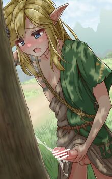 1boy bar_censor blonde_hair blue_eyes blush censored cum ejaculation erection grass highres kakure_oni link long_hair male_focus male_masturbation masturbation nintendo open_mouth outdoors penis pointy_ears solo standing testicles the_legend_of_zelda the_legend_of_zelda:_tears_of_the_kingdom trap tree