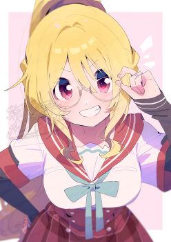 Rule 34 | 1girl, adjusting eyewear, blonde hair, blush, border, bow, bowtie, commentary request, glasses, green bow, green bowtie, grin, hair between eyes, highres, layered sleeves, long hair, long sleeves, looking at viewer, magia record: mahou shoujo madoka magica gaiden, mahou shoujo madoka magica, notice lines, outside border, pink background, plaid clothes, plaid skirt, ponytail, red eyes, red skirt, round eyewear, school uniform, semi-rimless eyewear, serafuku, serizawa serizane, shirt, short over long sleeves, short sleeves, skirt, sleeves past wrists, smile, solo, togame momoko, under-rim eyewear, upper body, v-shaped eyebrows, watermark, white border, white shirt