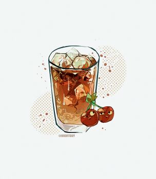 Rule 34 | artist name, black eyes, cherry, cherry bomb (plants vs. zombies), chinese commentary, colored sclera, colored teeth, commentary request, cup, drink, drinking glass, film grain, food, fruit, glass, grey background, halftone, halftone background, highres, hightguy, ice, ice cube, looking at viewer, no humans, parted lips, plants vs. zombies, simple background, solo, tumbler glass, yellow sclera, yellow teeth